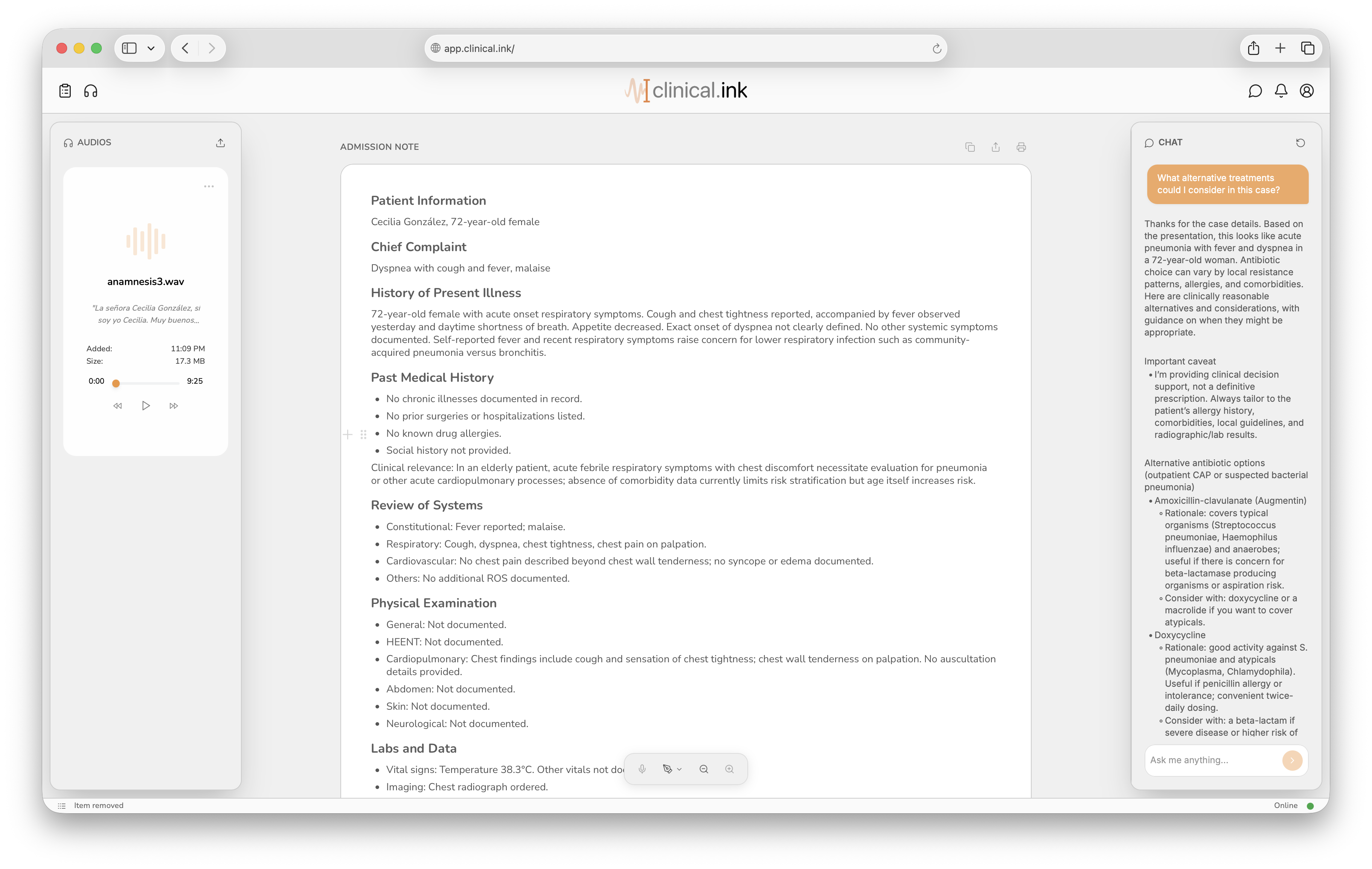 Screenshot of the Clinical.ink ambient AI workspace